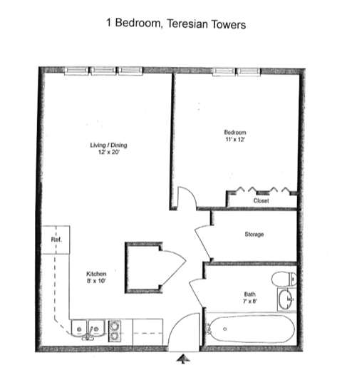 Floor plan for 1 bed, 1 bath, 644 sqft